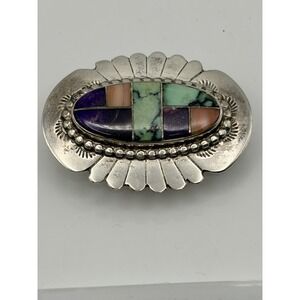 Multi-Stone Inlay Pin Brooch Navajo John Charley Sterling Silver Turquoise Coral